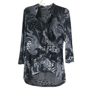BOHO CHIC Animal Print Sheer Black Silver Burnt Velvet 3/4 Sleeves V-Neck Smock